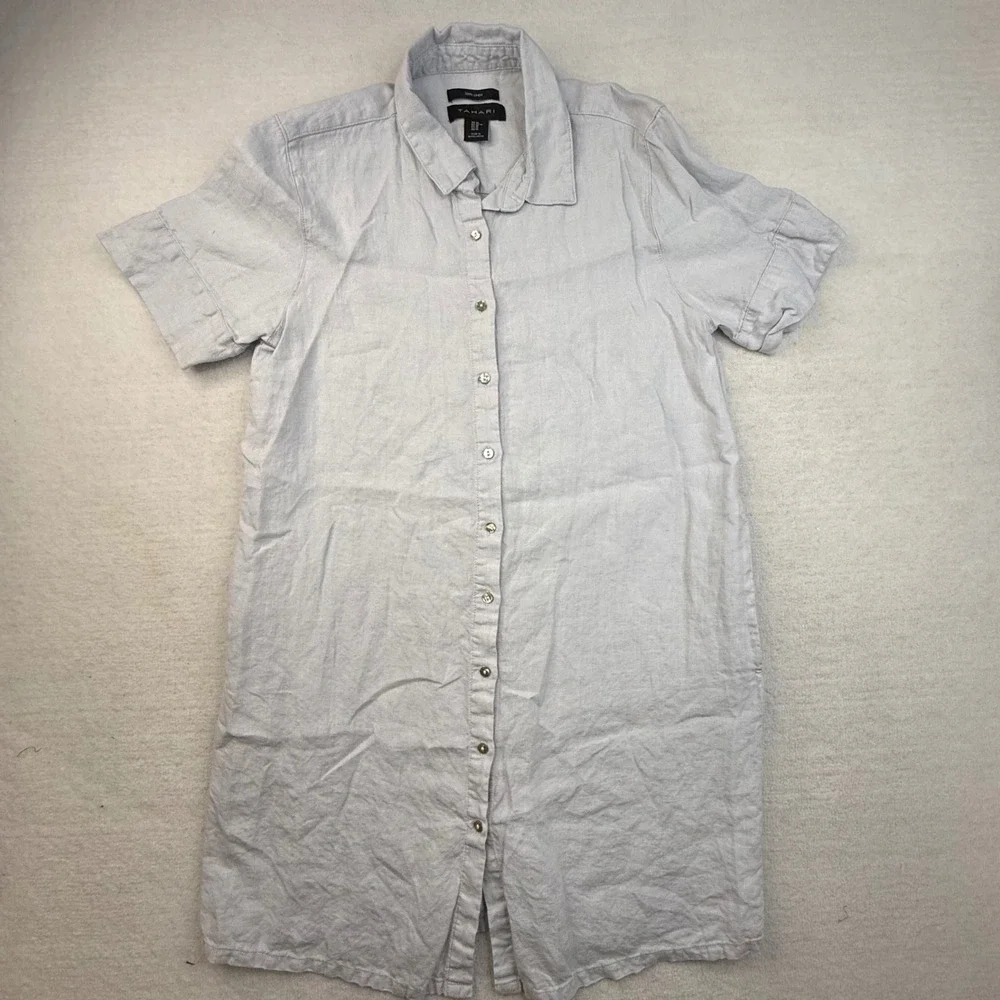 Tahari Womens Light Gray 100% Linen Short Sleeve Dress M minimalist Lagenlook - Picture 3 of 8
